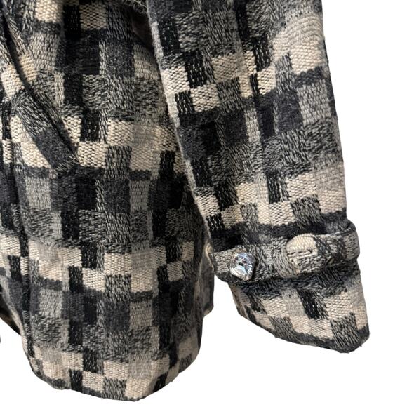 Daytrip Plaid Wool Blend Trench Coat Jacket Peacoat Belted Black Gray Cream L - Picture 5 of 12